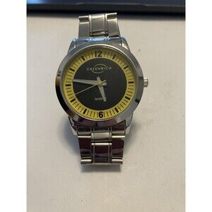 Greenwich Mens Watch Black Yellow face working silver case band needs repair